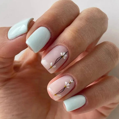 24Pcs Short Square Head Fake Nail with Colorful Flower Designs Wearable French False Nails Ballet Finished Jelly Stick on Nails - EverHype