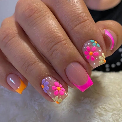 24Pcs Short Square Head Fake Nail with Colorful Flower Designs Wearable French False Nails Ballet Finished Jelly Stick on Nails - EverHype