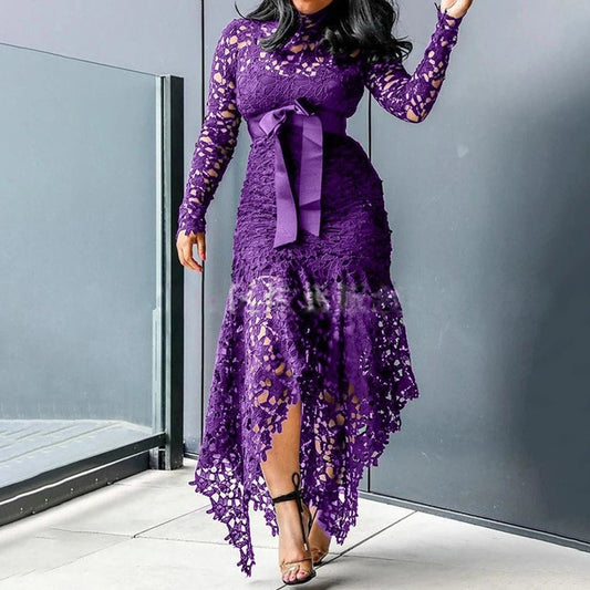 Women Plus Size Lace Hollow Out Dress Elegant Vintage Patchwork Mermaid Dress Autumn Asymmetric Hem Cocktail Wedding Guest Dress - EverHype