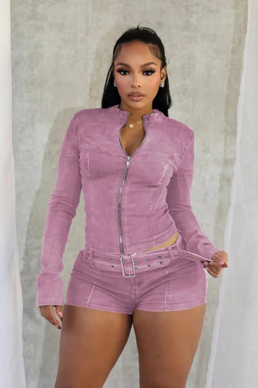 Sexy Denim Womens 2 Two Piece Set Stretchy Long Sleeve Zip Up Slim Jackets and Shorts Suits Y2k Streetwear Belt Jean Outfit Sets - EverHype