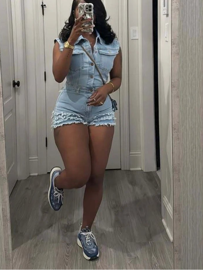 CM.YAYA Women V - neck Short Sleeve Denim tassel Short Jumpsuit Playsuits 2025 Summer Street Party Jeans Romper One Piece Outfits - EverHype