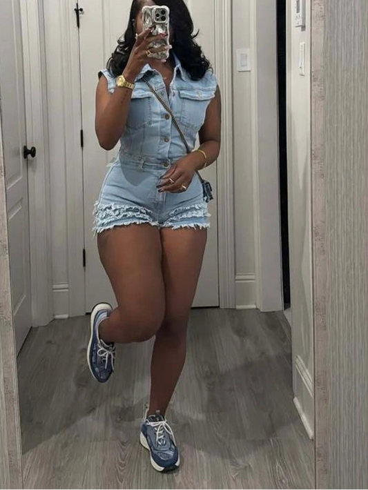 CM.YAYA Women V - neck Short Sleeve Denim tassel Short Jumpsuit Playsuits 2025 Summer Street Party Jeans Romper One Piece Outfits - EverHype