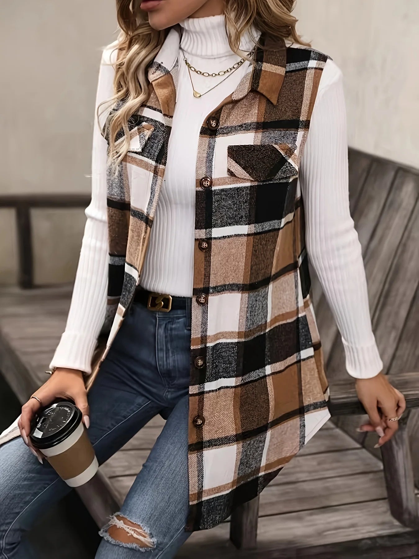 Women Plus Size 1XL - 5XL Plaid Print Flap Detail Sleeveless Coat Ladies Fashion Sleeveless Thick Thermal Vest Women Outwear - EverHype