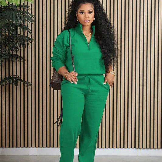 Solid Casual Tracksuit Women 2 Piece Set Outfit Sportwear Long Sleeve Sweatshirt Top and Wide Leg Pants Sweatsuits Matching Sets - EverHype