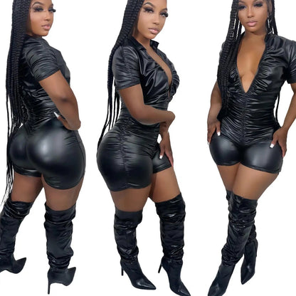 Women's Black Bodycon Romper - Deep V Short Sleeve Jumpsuit | Sexy Nightclub Overall - EverHype