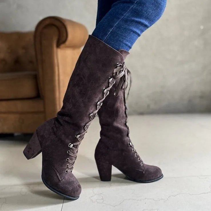 Winter Women Boots Shoes Fashion Vintage Lace - up Boots Women Round Cowboy High Heels Booties Shoes Woman Botas Mujer - EverHype