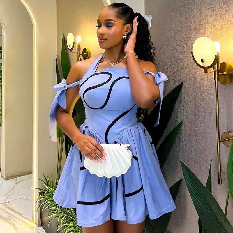 Bowknot Halter Neck Geometric Striped Swing Dress - Streetwear Party Dress | EverHype 2026 - EverHype