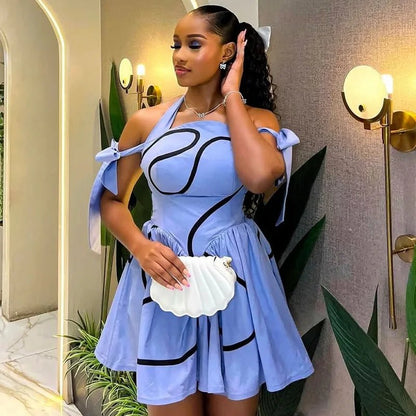 Bowknot Halter Neck Geometric Striped Swing Dress - Streetwear Party Dress | EverHype 2026 - EverHype