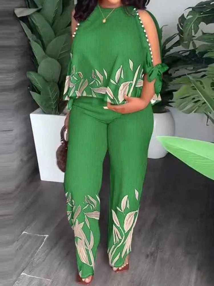 Female Clothing Summer Women Outfit Pearl Off The Shoulder Blouse and Trouser Elegant 2 - piece Sets Plus Size Pant Sets - EverHype