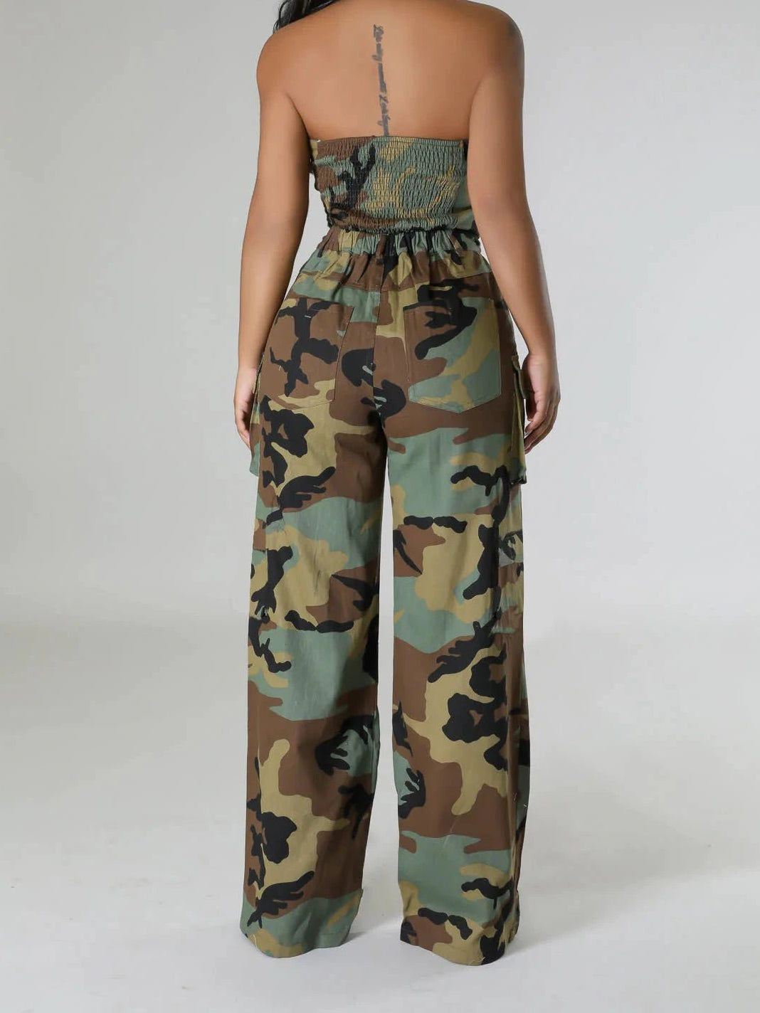 CM.YAYA Fashion Camouflage Women's Set Button Front Strapless Crop Top and Wide Leg Pants 2024 Two 2 Piece Sets Outfit Tracksuit - EverHype