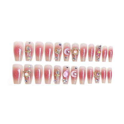 24pcs/box Luxury Pink Long Coffin Fake Nails Y2K Moon Star Rhinestones Press On Nails Handmade Full Cover Reusable False Nails - EverHype