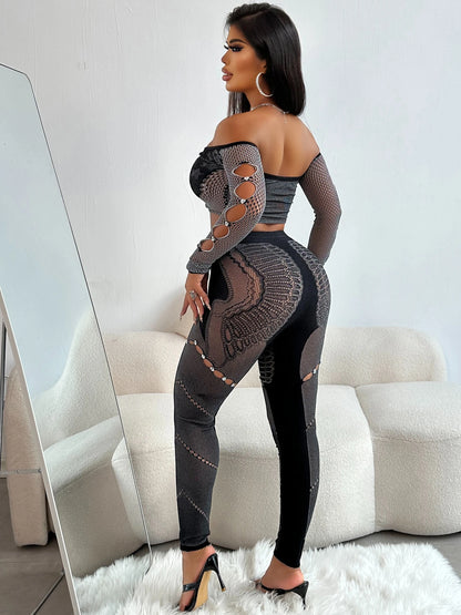Rhinestone Hollow Slash Neck Crop Top & Patchwork Leggings Set - 2 - Piece Clubwear | EverHype 2026 - EverHype