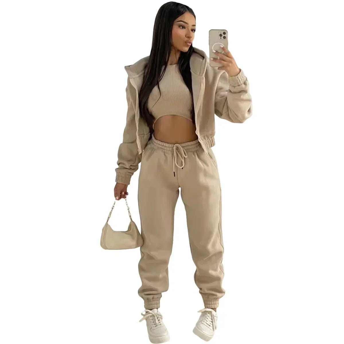 3pcs Women's Clothing Set Fleece - lined Hooded Sweater &Sleeveless Tank Top & Sports Sweatpants Pants - EverHype