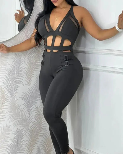 Women's Sexy Mesh Jumpsuit - Halter Buckled Contrast Sleeveless | Night Out Chic - EverHype