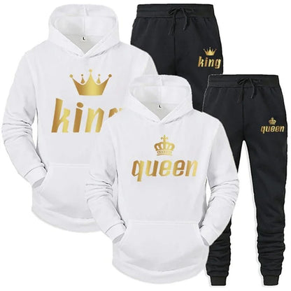 👑 King & Queen Couple Sweatsuit Bundle - 4 Piece Set | His & Hers Matching Hoodie & Jogger Pants - EverHype