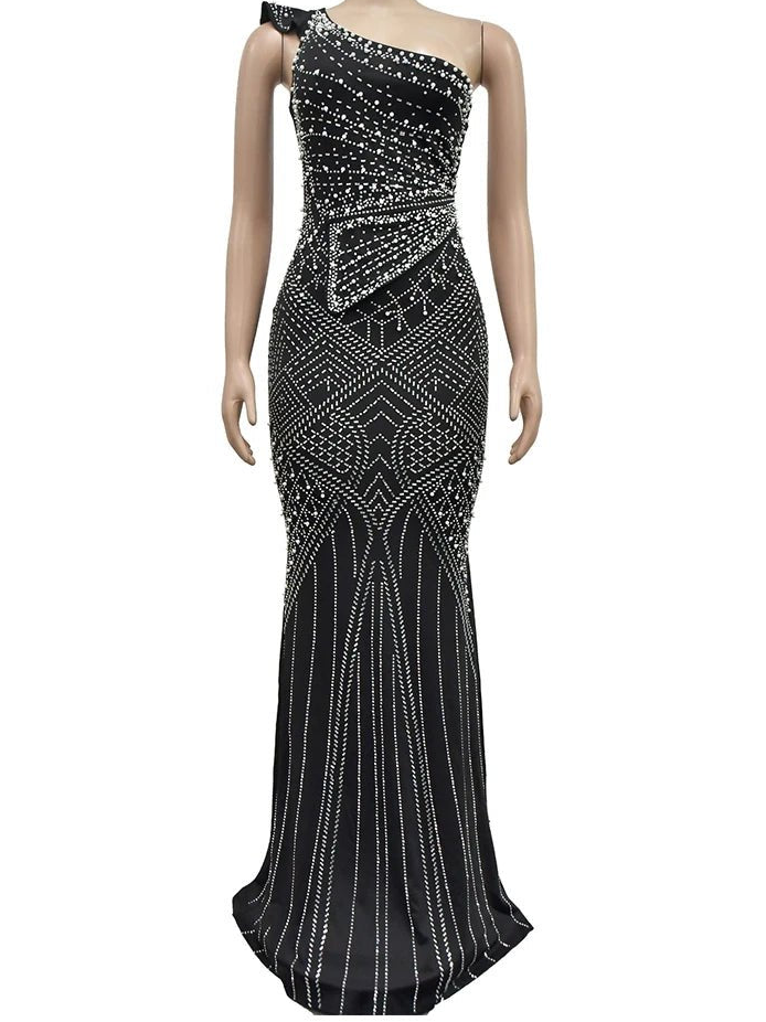 Rhinestone Evening Dress - Diagonal Collar Sleeveless Maxi | Luxury Party Dress - EverHype