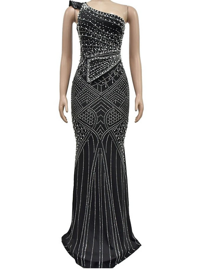 Rhinestone Evening Dress - Diagonal Collar Sleeveless Maxi | Luxury Party Dress - EverHype