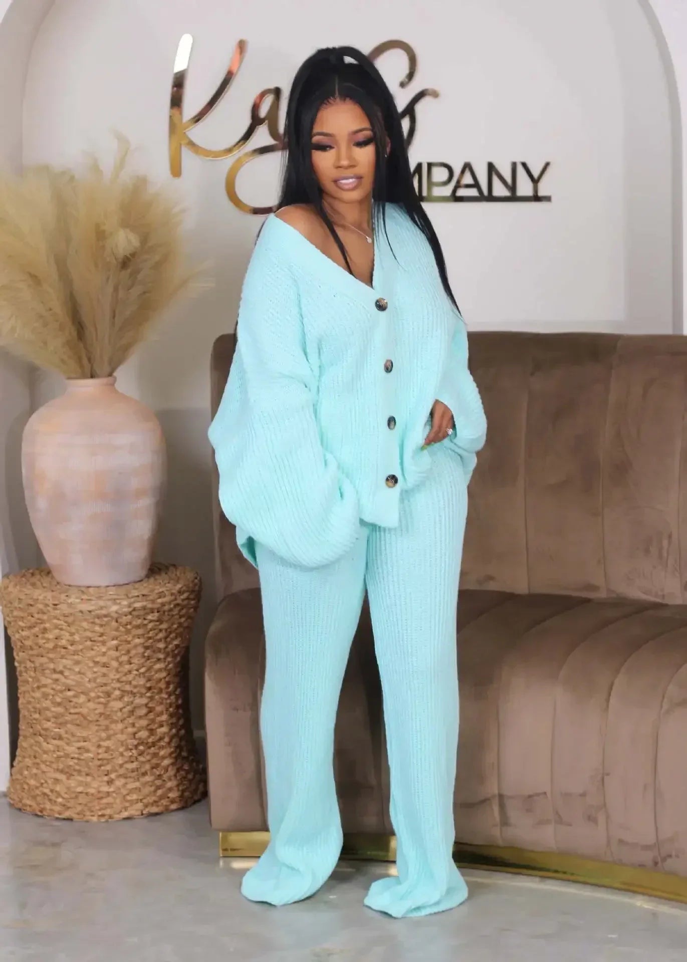 Knitted Button Sweater & Wide Leg Pants Set - 2 - Piece Fall Winter Outfit | EverHype 2026 - EverHype