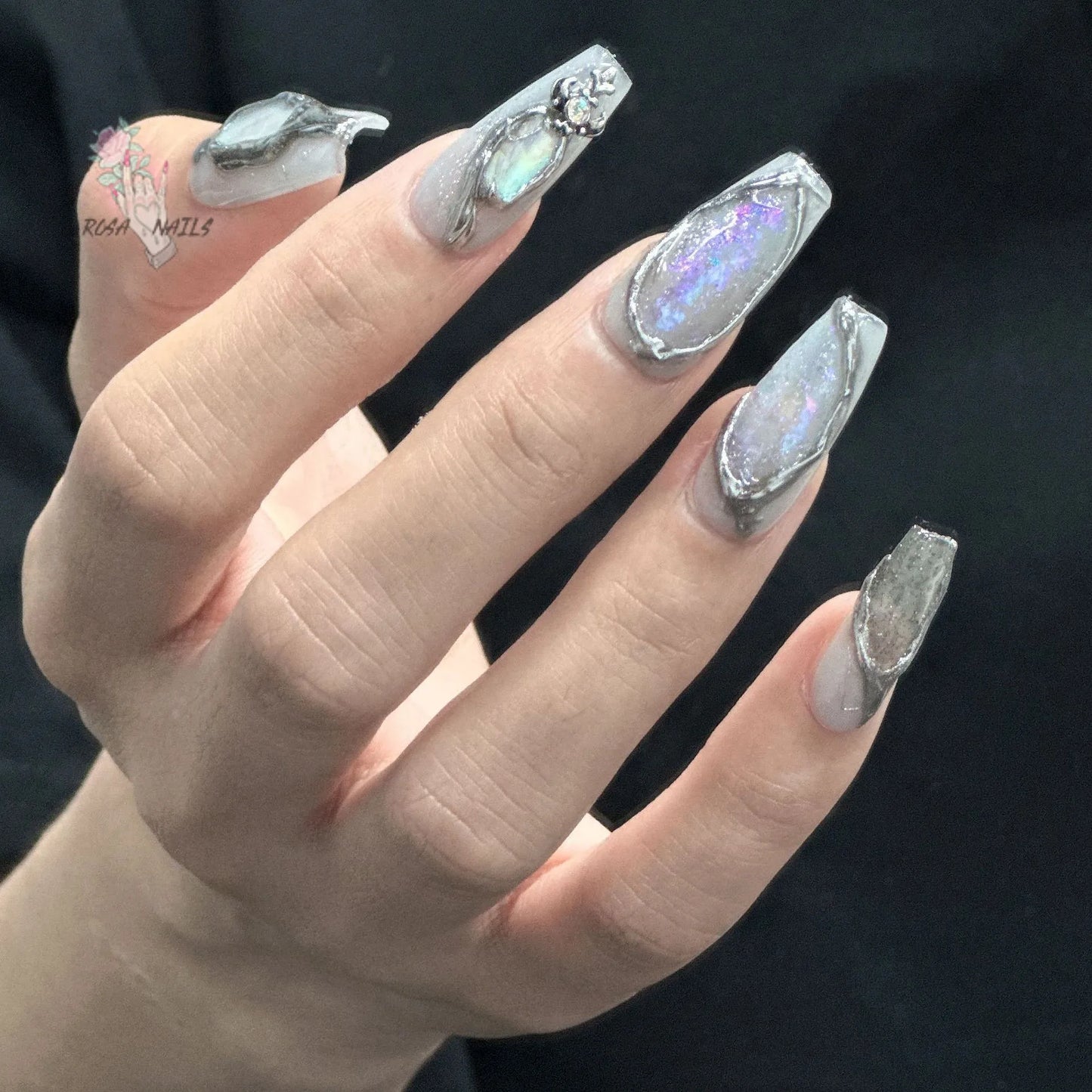 Fake Nails y2k Rainbow Discoloration Effect Handmade Tips Shine Chameleon Flakes Hologram Mirror Manicure Gothic Press on Nails - EverHype