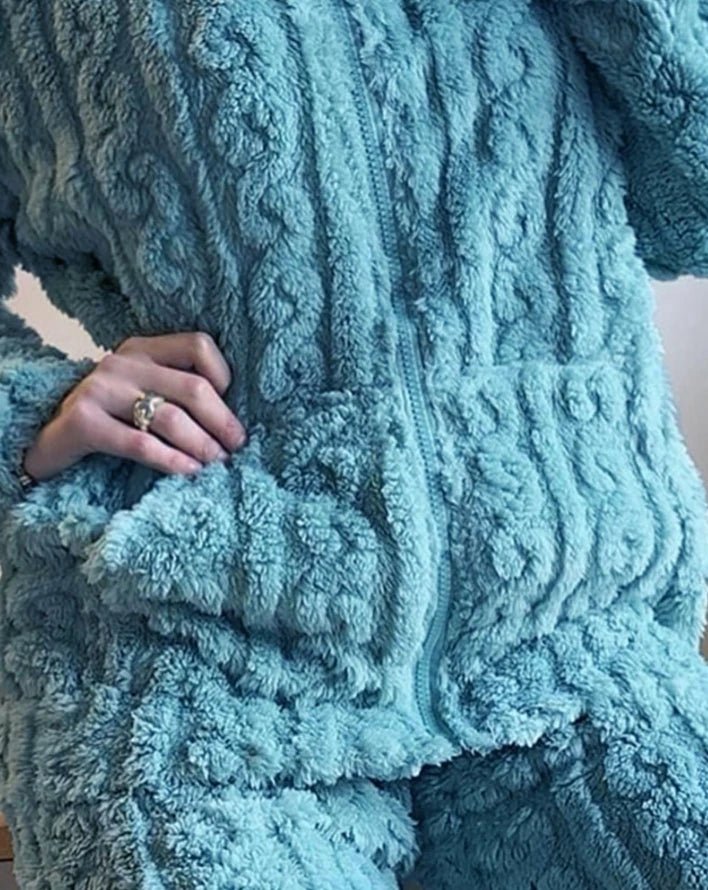 Women's Fuzzy Teddy 2 - Piece Set - Zip - Up Top & Pants Outfit | Autumn Loungewear - EverHype