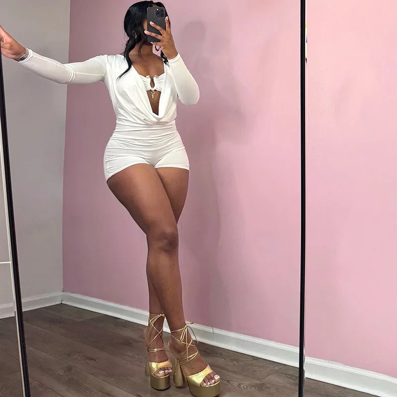 Jumpsuits for Women Sexy Deep V Neck Long Sleeve Romper Solid Color Bodycon Shorts Jumpsuit Club Wear One Piece Going Out Outfit - EverHype