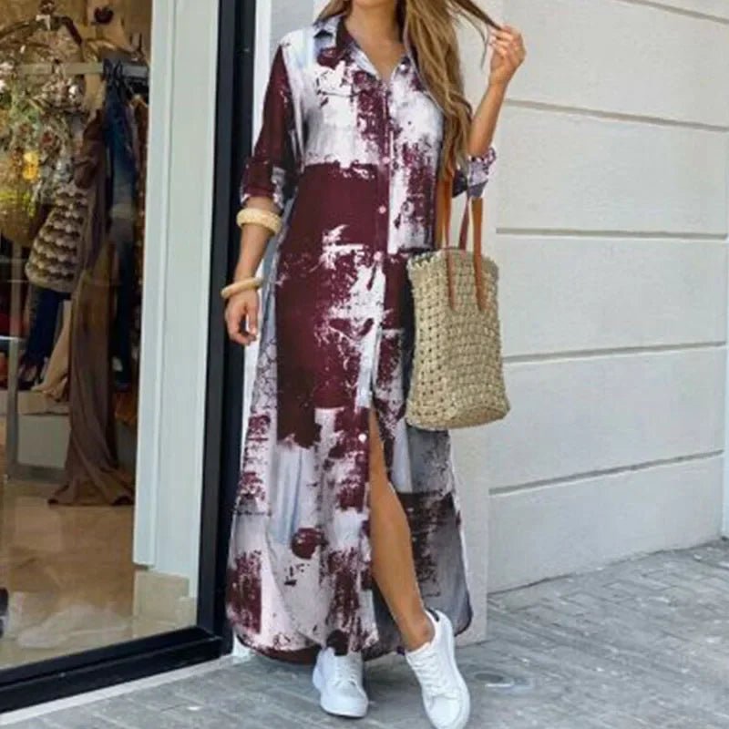Casual Dresses Women Long Sleeve Shirt Dress Printed OL Long Dresses Laides Loose Party Dress Maxi Dress Vestido Casual - EverHype