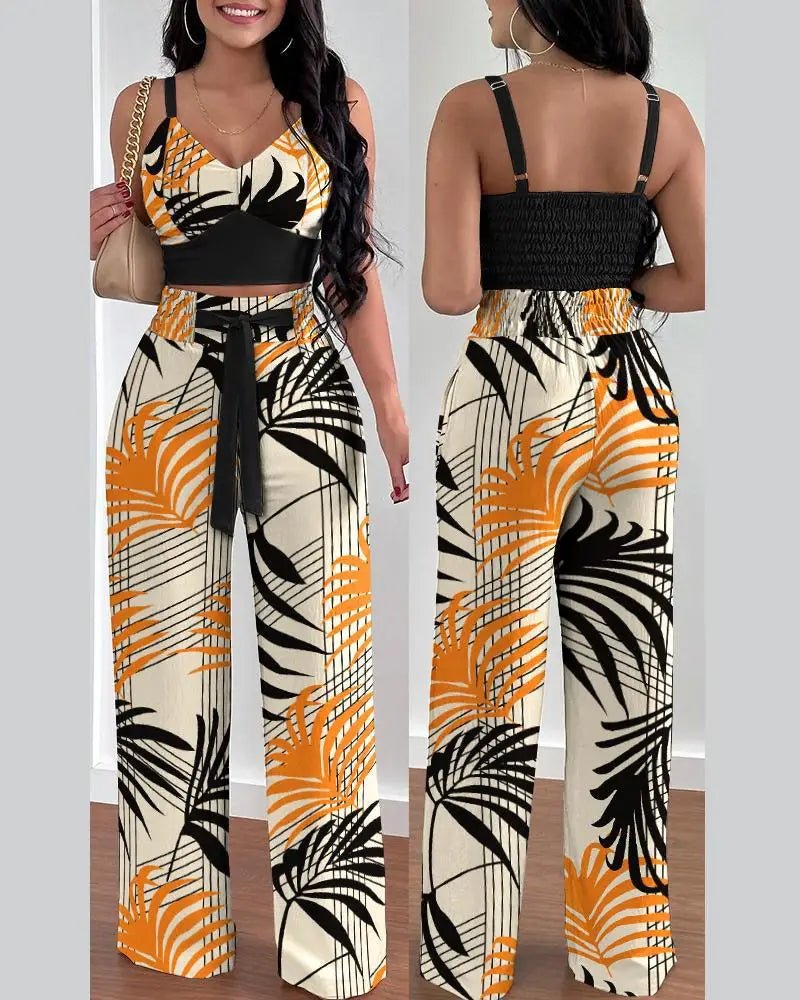 Women's 2 - Piece Pants Set - V - Neck Crop Top & Wide Leg Pants | Office Lady Suit - EverHype