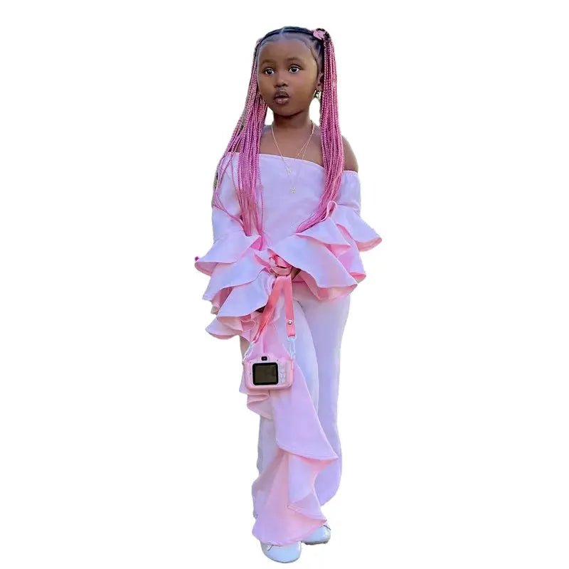 Girls Pink Off - Shoulder Set - Long Sleeve Top & Ruffled Pants Outfit - EverHype