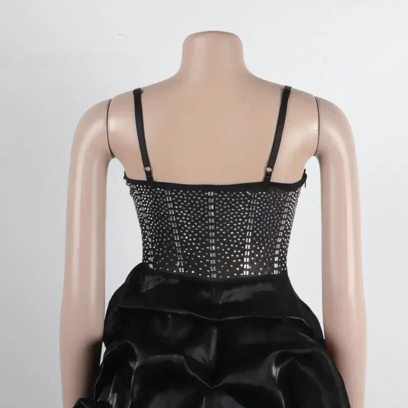Women Mesh Diamonds Hot Rhinestones Cake Style Big Swing Strap Bodycon Midi Dress 2025 Sexy Party Even Dresses Vestidos - EverHype