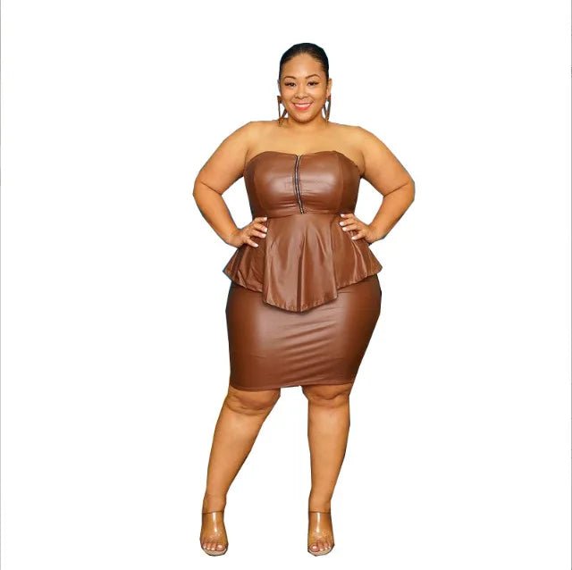 XL - 5XL Plus Size Skirt Two Piece Sets Women Clothing Sexy Club PU Tube Top Hip Wrap Sleeveless Bodycon Lady Outfit Dropshipping - EverHype