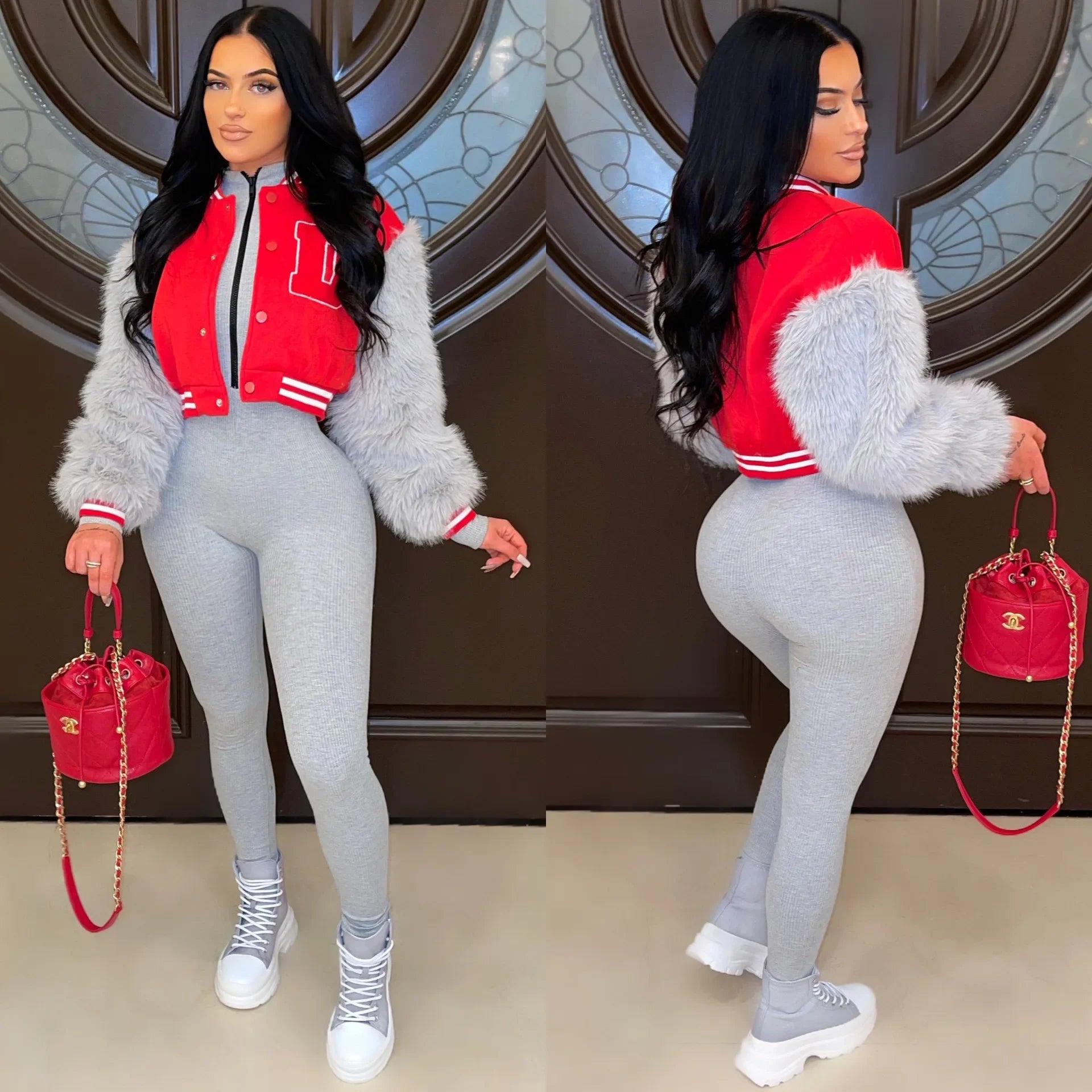 Women's Fur Sleeve Varsity Jacket - D Letter Cropped Baseball Jacket | Streetwear - EverHype