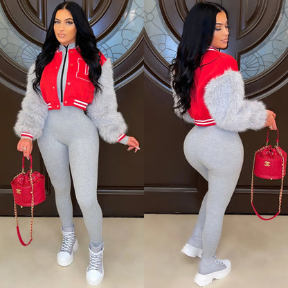 Women's Fur Sleeve Varsity Jacket - D Letter Cropped Baseball Jacket | Streetwear - EverHype