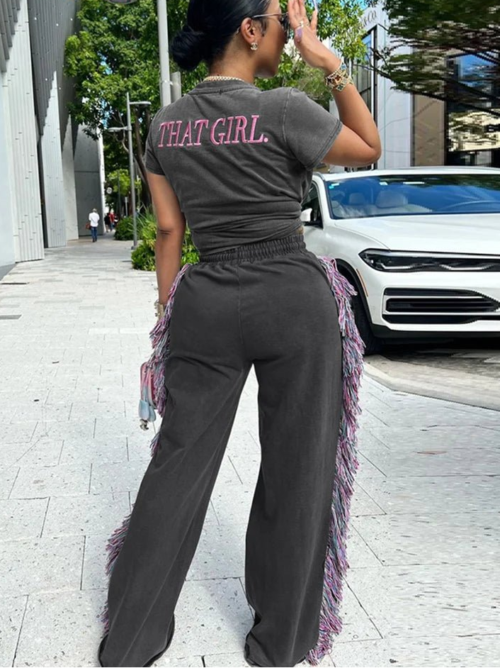 Weird Puss Casual Women 2 Piece Set Tracksuit Sporty Letter Embroidery Crop Tops+Side Tassel Straight Pants Matching Streetwear - EverHype
