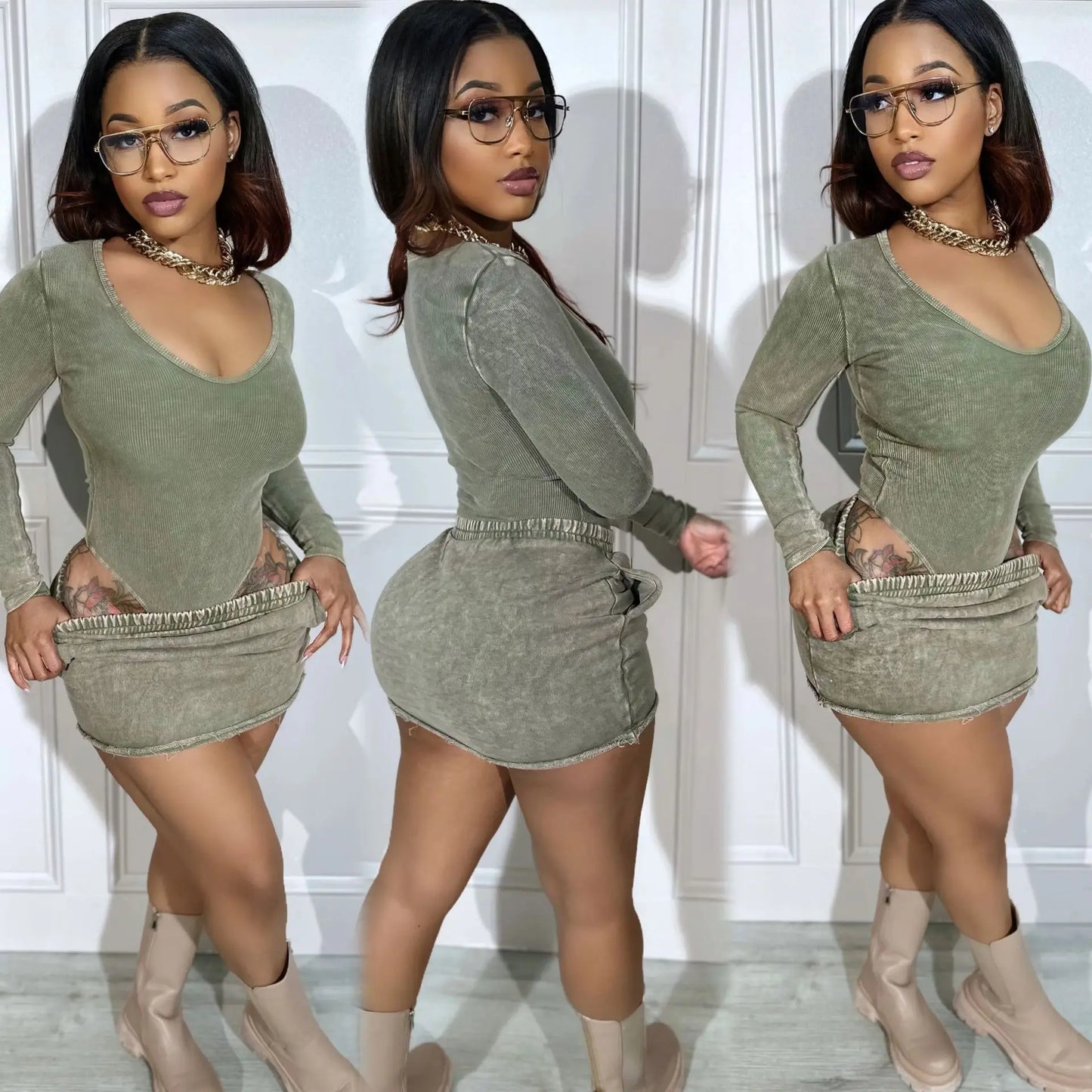 2024 Casual 2 Two Piece Dress Sets Long Sleeve Top Mini Skirts Matching Party Fashion Streetwear Rose Red Design Dress Suits - EverHype