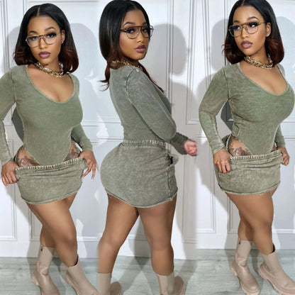 2024 Casual 2 Two Piece Dress Sets Long Sleeve Top Mini Skirts Matching Party Fashion Streetwear Rose Red Design Dress Suits - EverHype