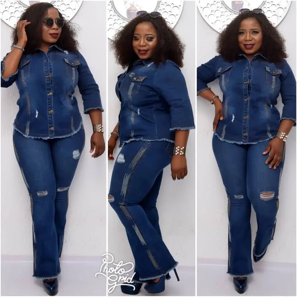 Two Piece Cowboy Denim Set - Jean Jacket & Flare Pants Outfit - EverHype