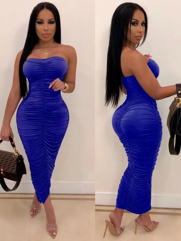 Ruched Bodycon Dress - Strapless Sleeveless Club Dress for Women - EverHype