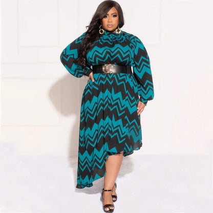 L - 4XL 2022 Fall Plus Size Women Stripe Printing Long Sleeve Irregular Dresses Loose Casual Lady Clothing Dropshipping Wholesale - EverHype