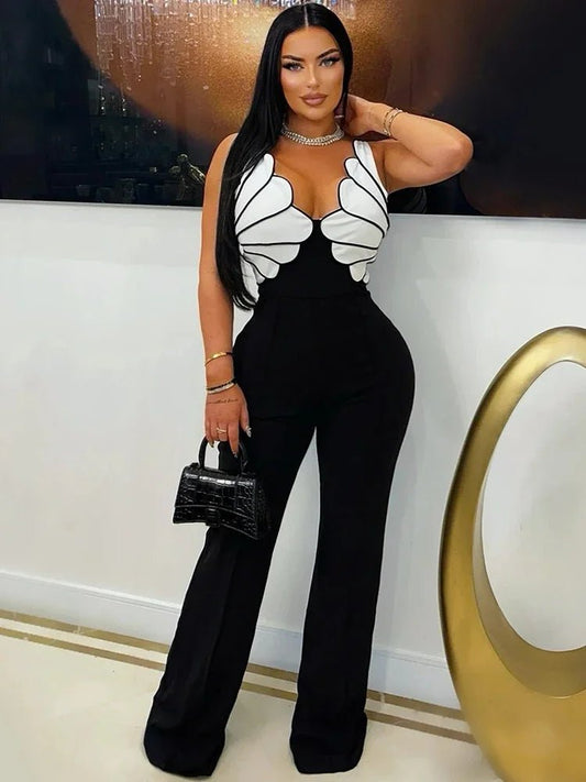 CM.YAYA Women V - Neck Backless Wide Leg Straight Sleeveless Jumpsuits 2025 Spring Patchwork Sexy One Piece Set Streetwear Outfits - EverHype