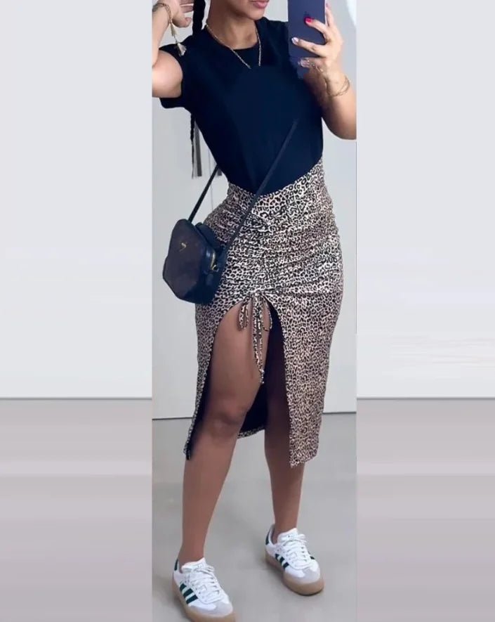 Women's Casual Fashion 2024 New Hot Selling Two - Piece Set with Leopard Print Letter Print Top and Drawstring Slit Skirt Set - EverHype