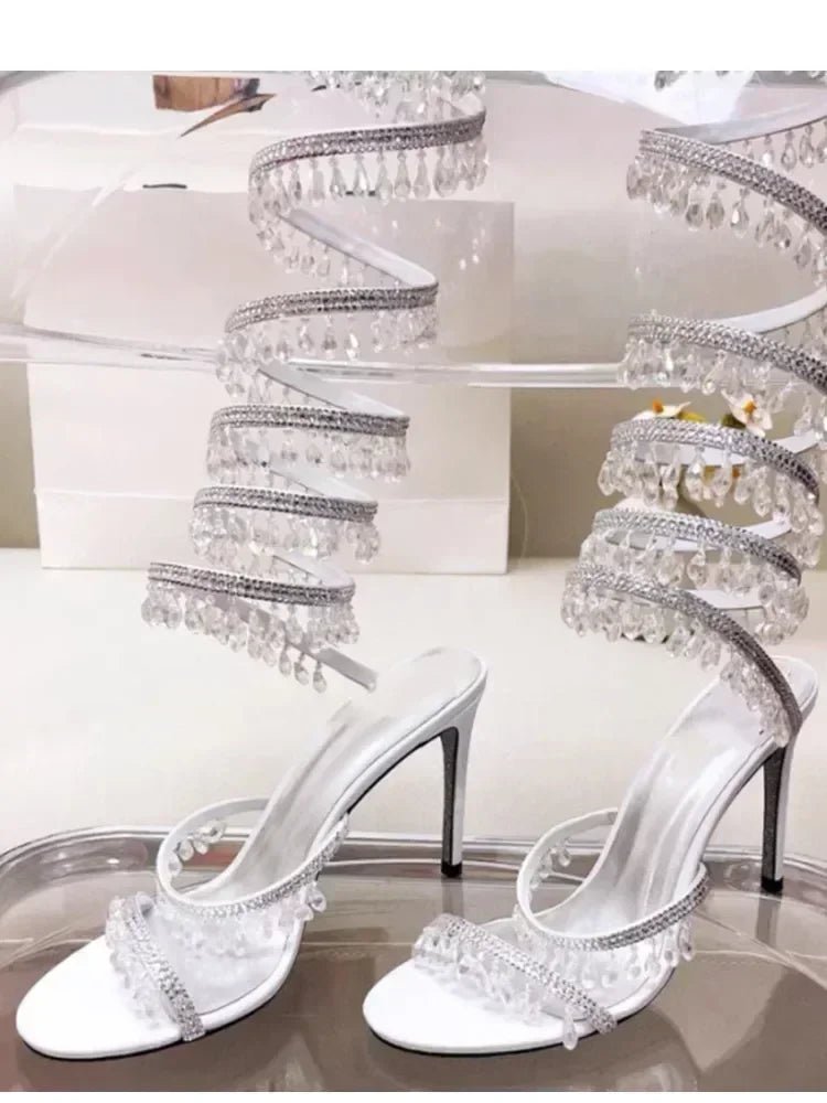 2025 Women's New Fashion Tassel Crystal Shoes Sexy Banquet Party Stiletto High Heels Women's Large Sandals Dance Shoes - EverHype