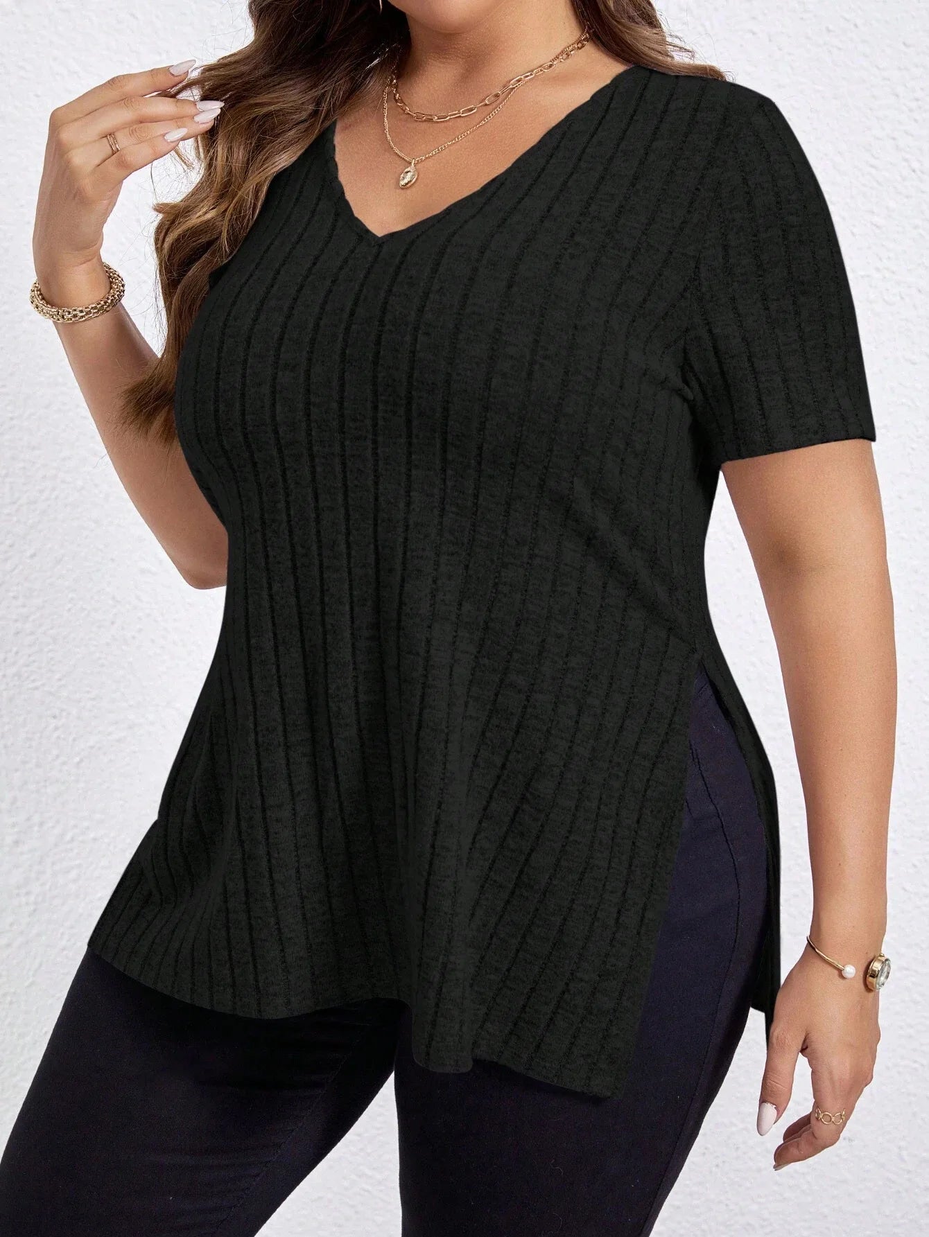 Plus Size V - Neck Striped T-Shirt for Women - EverHype