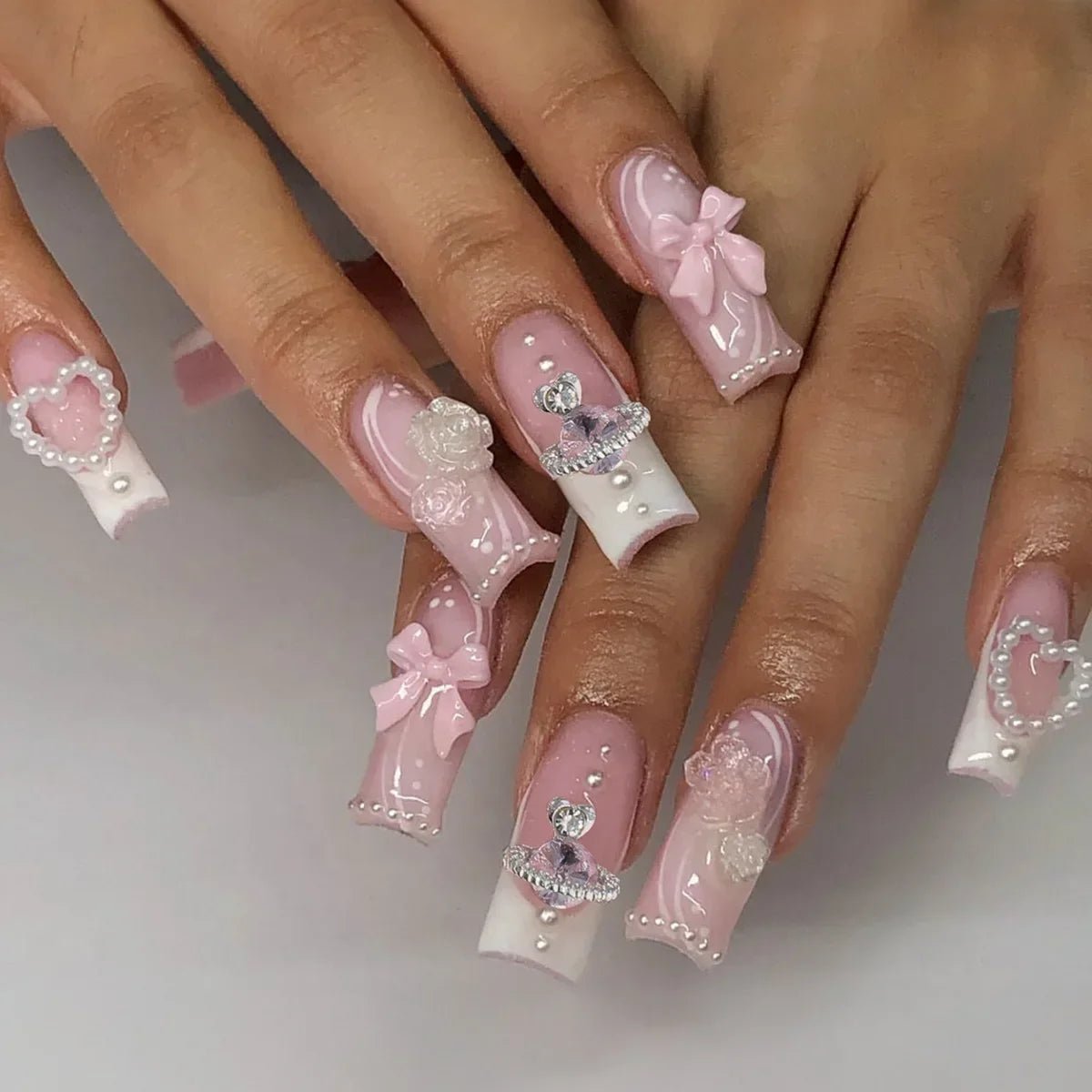 24Pcs French Tip Press On Nails Long Square Nude Pink Fake Nails Bow Charms Full Cover Stick On Nails For Women and Girls Wear - EverHype