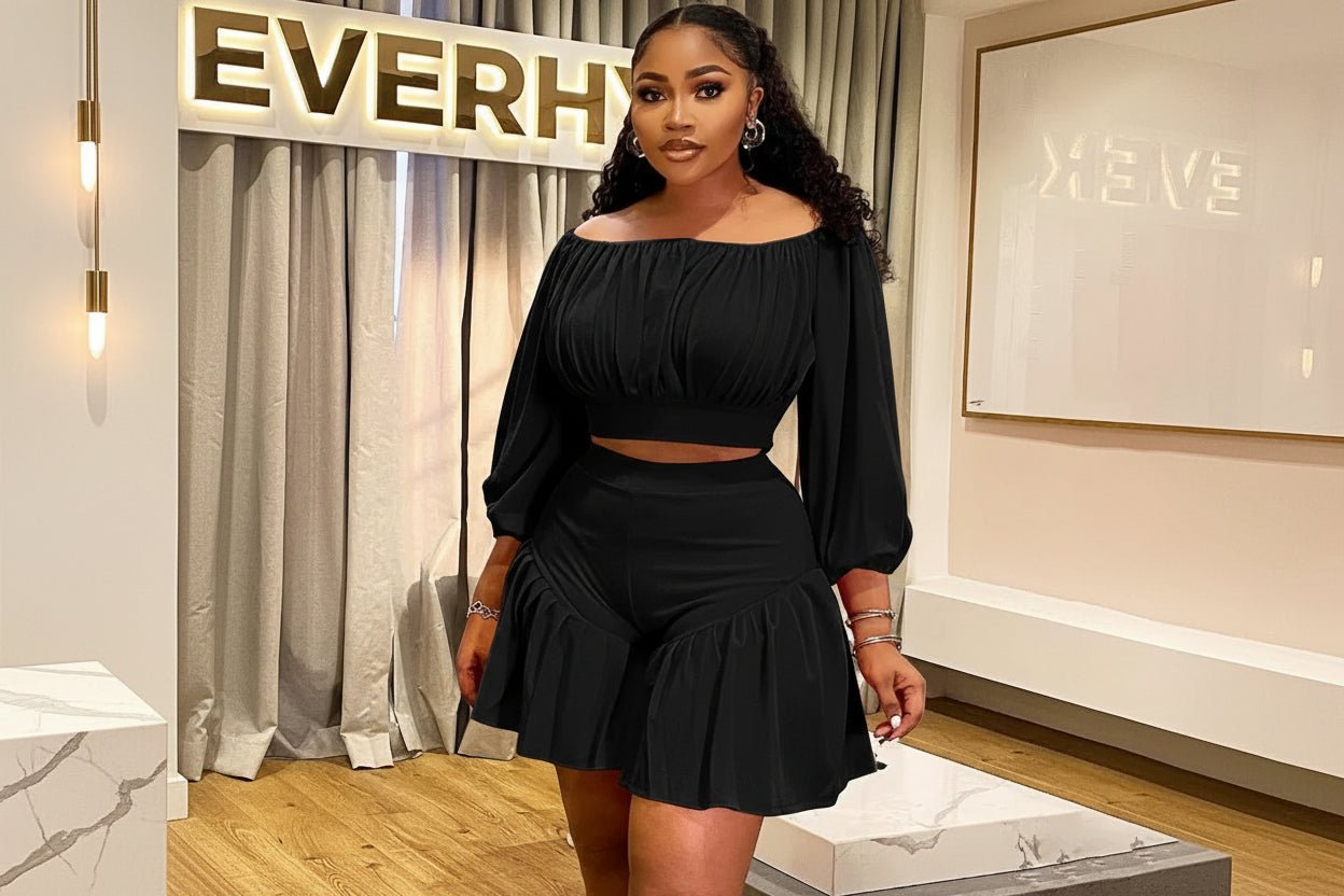 Plus Size 2 - Piece Set - Long Sleeve Slash Neck Top & Shorts for Women - EverHype
