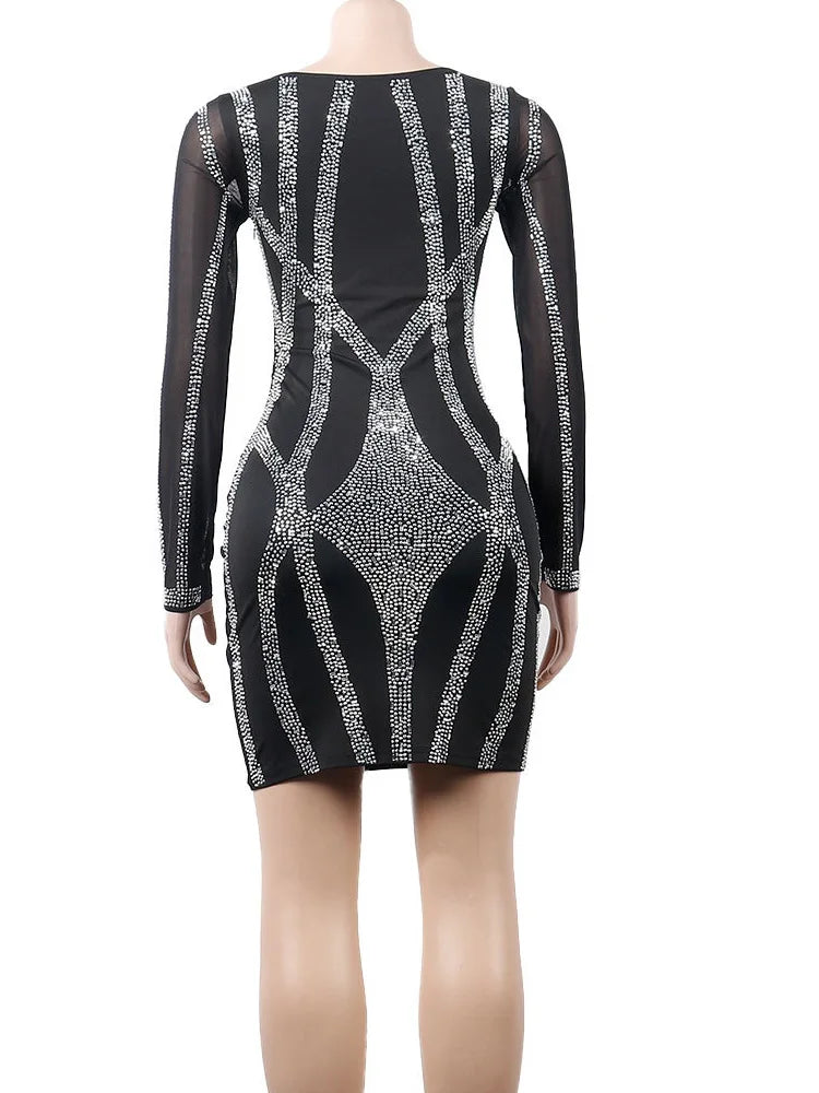 Beyprern Women's Sparkle Black Rhinestone Bodycon Mini Dress Mesh Sleeve Sequins Night Dresses Special Occasion Outfits - EverHype