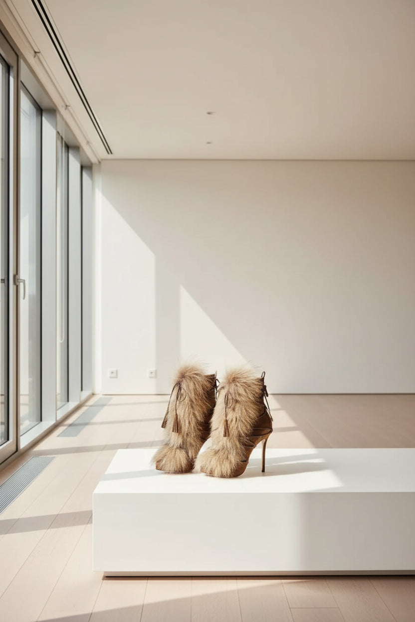 Brown Real Fur Stiletto Ankle Boots Women Trends Outfit Cross Tied Winter Snow Shoes Female Haute Pointed Toe Back Zipper Boots - EverHype