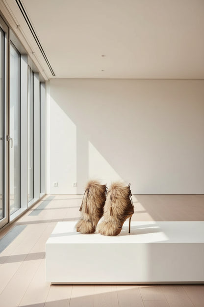 Brown Real Fur Stiletto Ankle Boots Women Trends Outfit Cross Tied Winter Snow Shoes Female Haute Pointed Toe Back Zipper Boots - EverHype