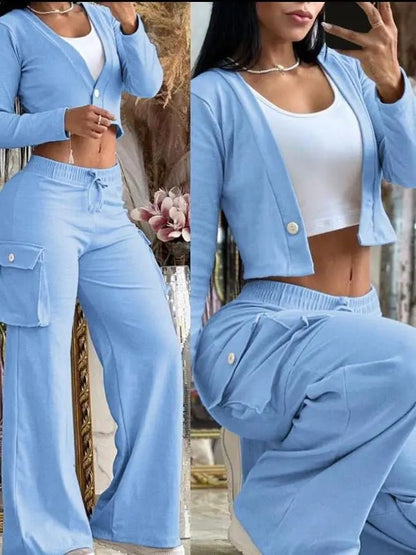 Women's 2 - Piece Cargo Set - Cardigan Top & Cargo Pants Outfit | Spring & Autumn - EverHype