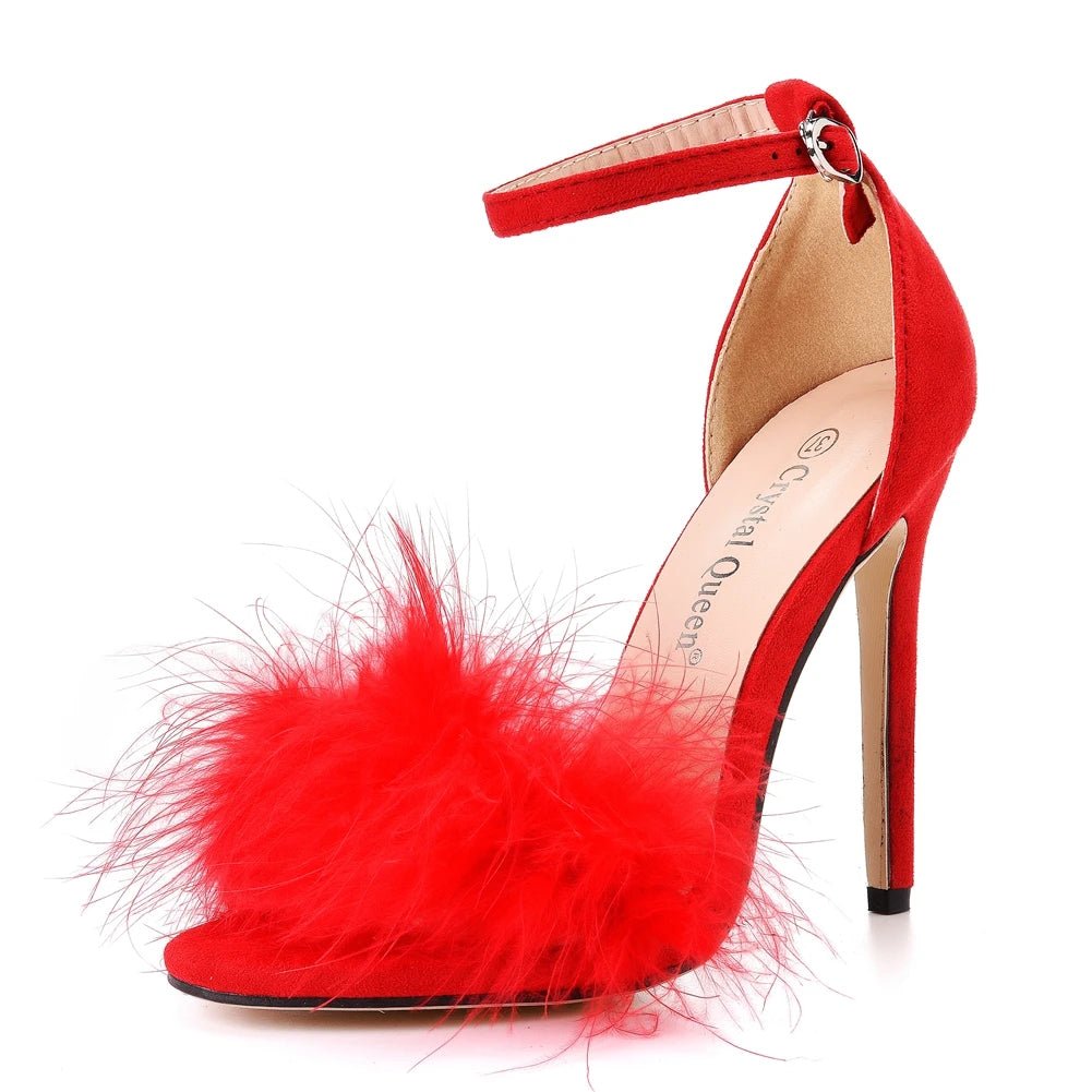 Crystal Queen Women Summer Sandals Fluffy Peep Toe Stilettos High Heels Fur Feather Lady Wedding Shoes Large Size 42 - EverHype