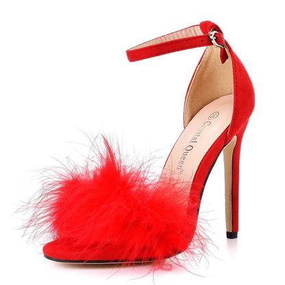 Crystal Queen Women Summer Sandals Fluffy Peep Toe Stilettos High Heels Fur Feather Lady Wedding Shoes Large Size 42 - EverHype